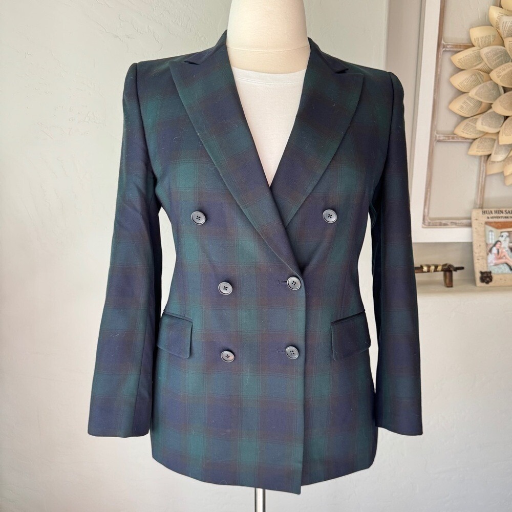 Brooks Brother Women's Classic Green Plaid Wool Double-Breasted  Blazer‎ Sz.12